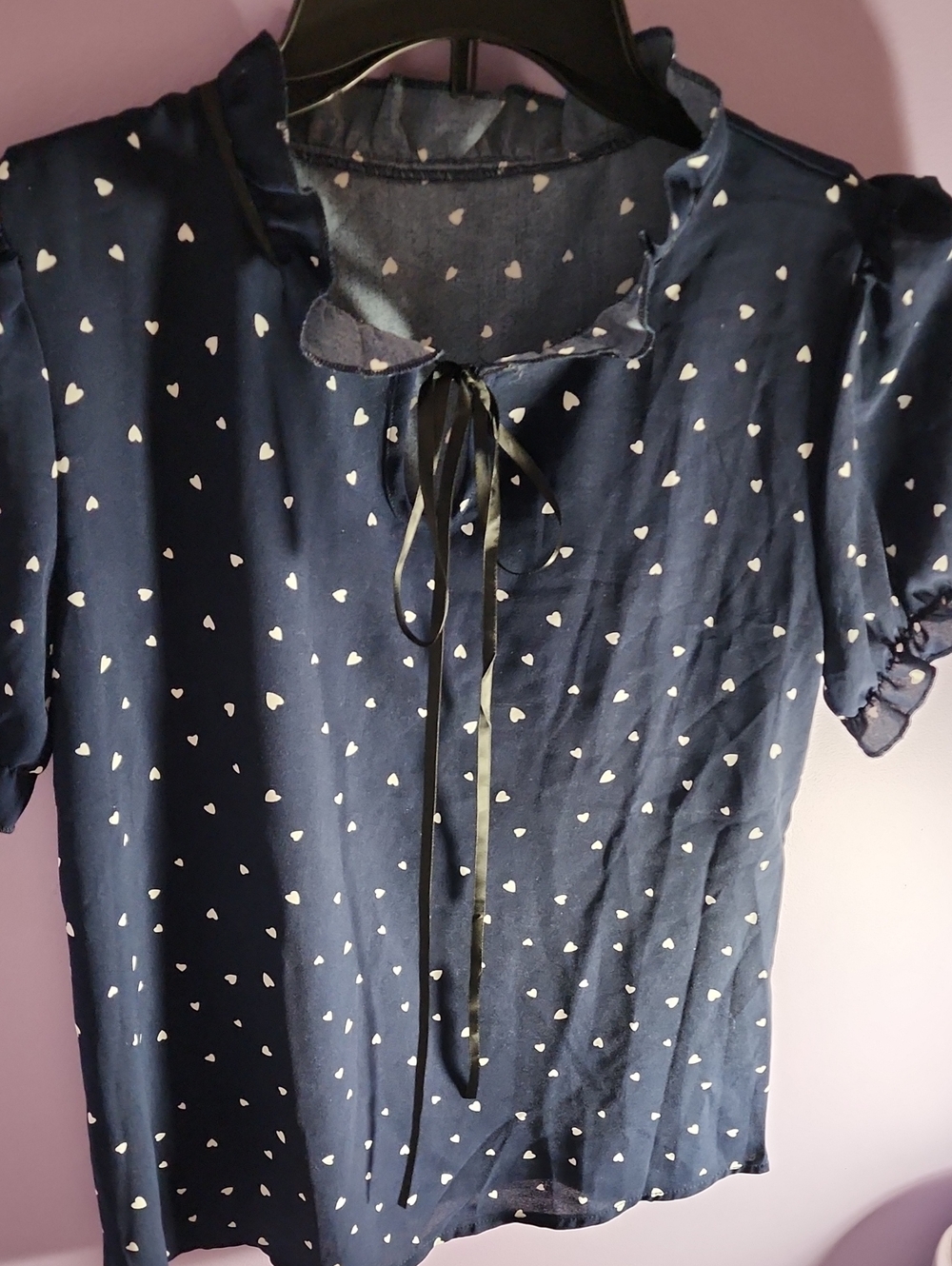 Women’s Navy Heart Print Tie-Neck Blouse